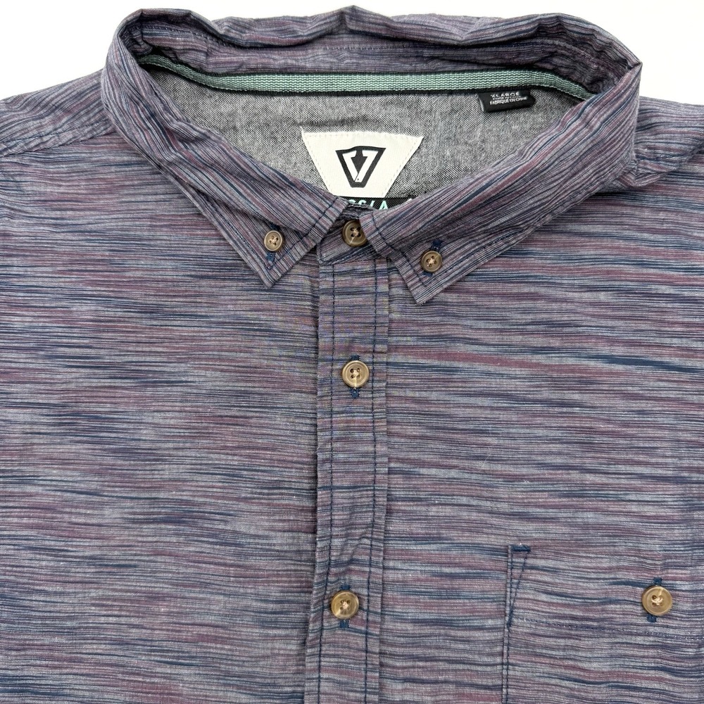 Vissla Button Up Shirt‎ Men XL Blue Purple Space Dye Stripe Short Sleeve Cotton